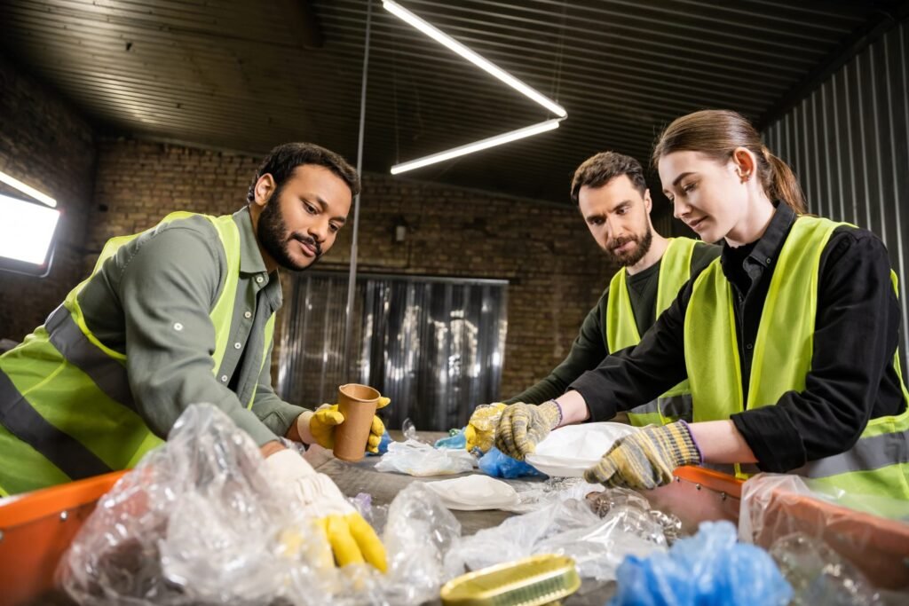 Workers in gloves and hi-vis vests